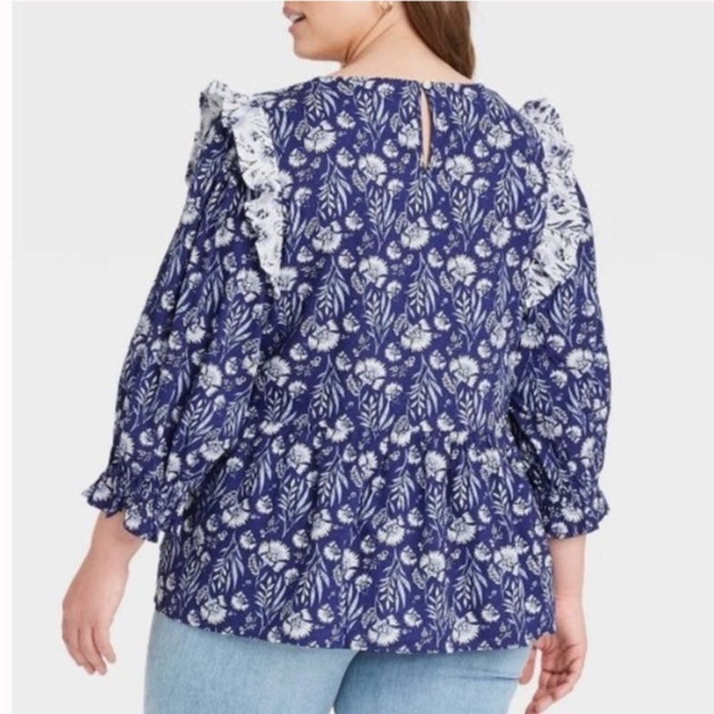 Universal Thread Blue Floral Ruffle Cotton Top‎ - Picture 2 of 13